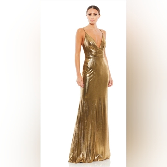 Ieena Mac Duggal, Metallic Faux Wrap Spaghetti Strap Gown, Bronze, Size 10, NWOT - Picture 1 of 11